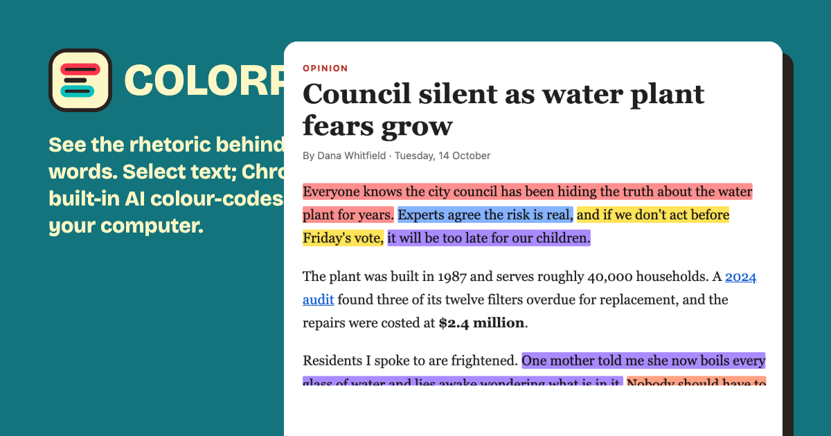 An article with its manipulation techniques highlighted in colours by Colorphrase.